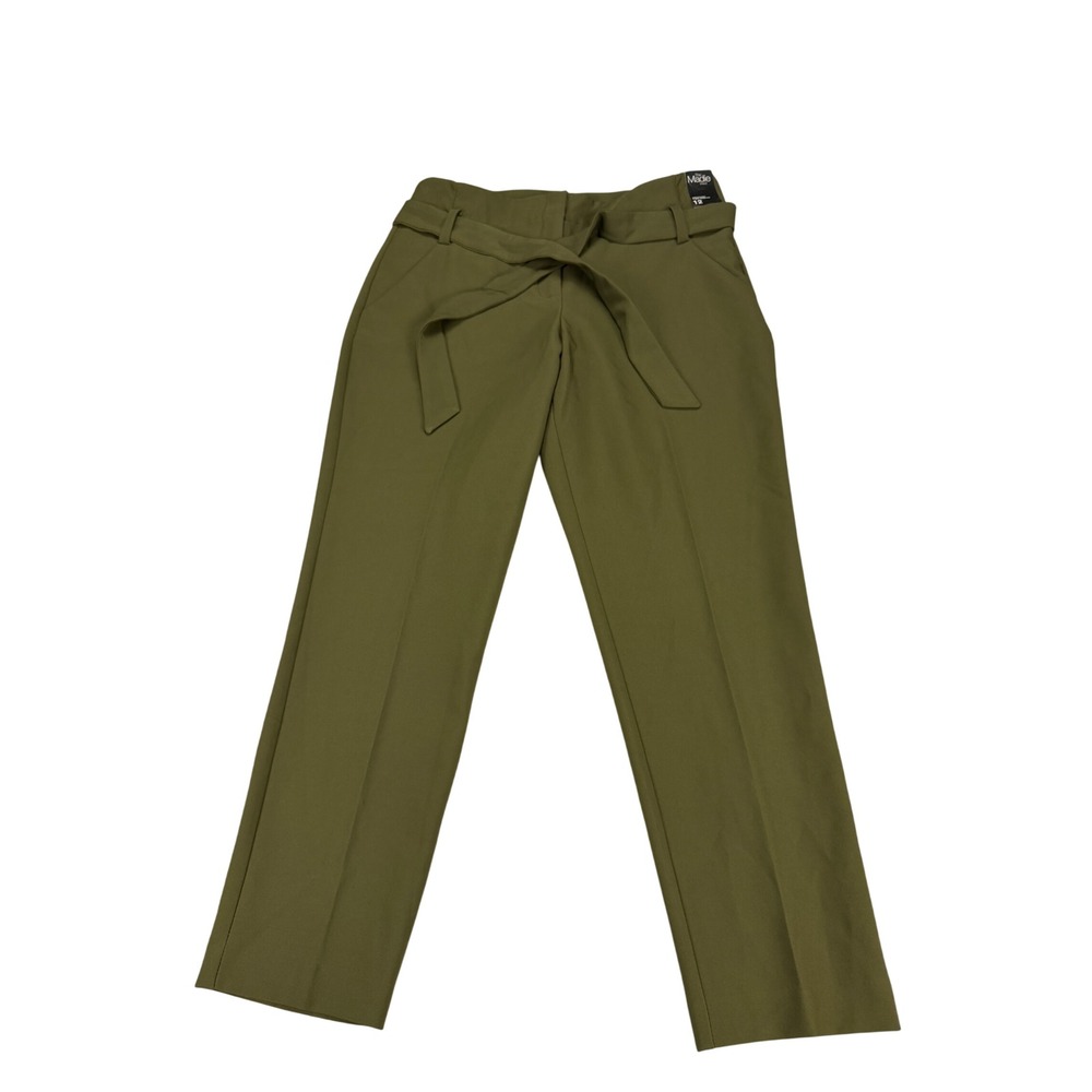 New York & Company Madie Pant Olive Green Straight Leg Tie Waist Stretch Size 12